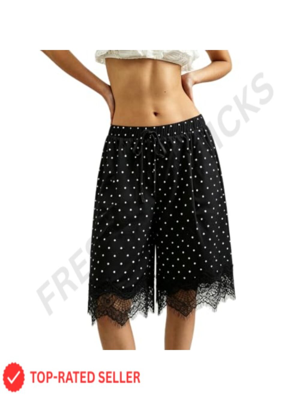 Satin Polka Dot Lace Trim Bermuda Shorts Drawstring High Waist Lounge